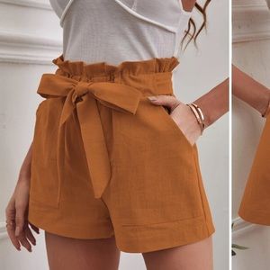 Twik by Simons Burnt Orange Paper-bag Waist Belted Shorts
